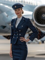 Poster - A flight attendant stands proudly in uniform, showcasing her professionalism with an aircraft in the background under clear skies. Generative AI