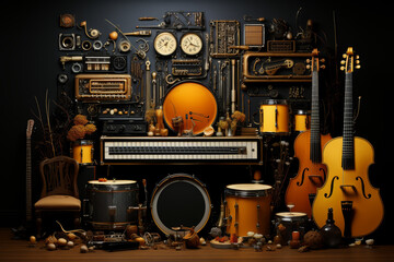 Poster - a collage of music-inspired elements, including sheet music, concert posters, and musical instrument