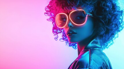 Poster - Woman with Neon Glasses Posing in Colorful Light