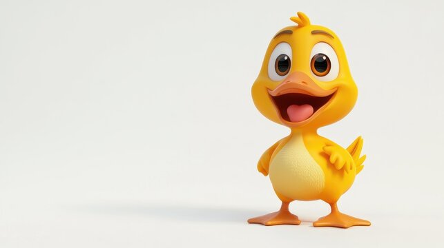 A cute cartoon duck with a joyful quack and bright feathers, standing on a white background, 3D AI style