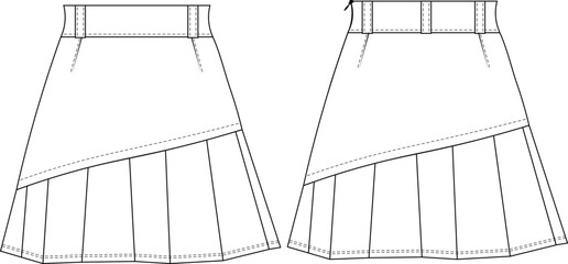 darted zippered pleated two pieced short mini a line denim jean skirt template technical drawing flat sketch cad mockup fashion woman design style model
