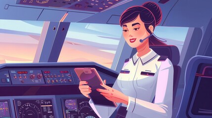 Poster - The flight attendant reviews vital information in the cockpit as sunset colors fill the sky, ensuring a smooth departure for passengers. Generative AI