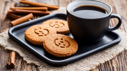 Wall Mural - A tray of cookies and a cup of coffee sit on a wooden table