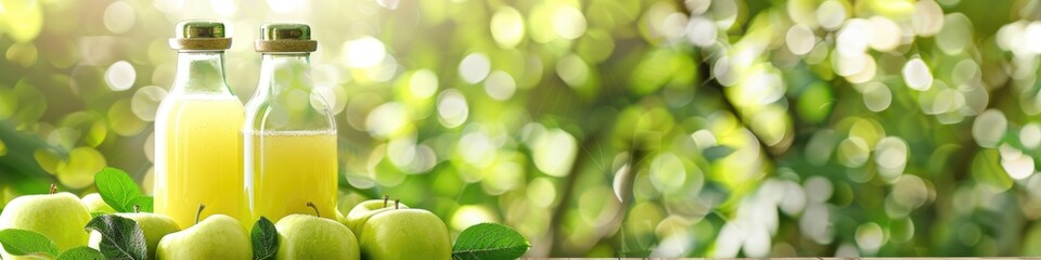 Wall Mural - Beige podium featuring a glass bottle of green apple juice and an elegant glass display of green apples, known for supporting blood pressure and blood sugar regulation.