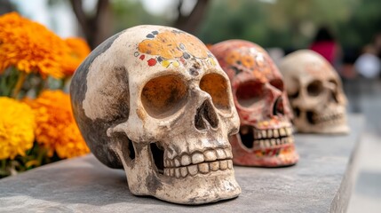 Wall Mural - Three skulls are sitting on a ledge, one of which is red and white