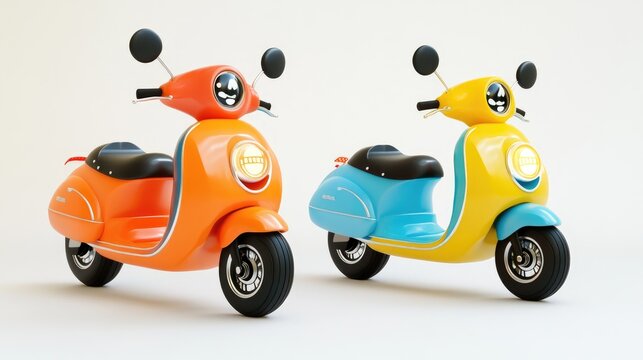 Cartoon scooter with bright colors and a joyful expression, set on a clean white background, 3D AI illustration