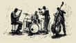 © BOJOShop - Jazz Band Illustration   Saxophone  Trumpet  Double Bass  Drums  Music  Sketch  Black and White