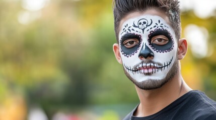 Wall Mural - A man with a white face and black skull painted on it