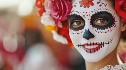 Wall Mural - A woman with a skull painted on her face and a flower headdress