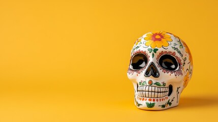 Wall Mural - A skull with flowers painted on it sits on a yellow background