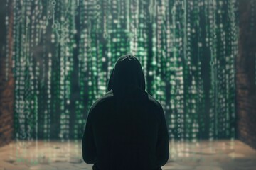 Poster - A hacker in a hoodie focuses intently on a computer, with a large screen displaying flowing code in a dimly lit space. Generative AI