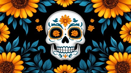 Wall Mural - A skull with flowers surrounding it