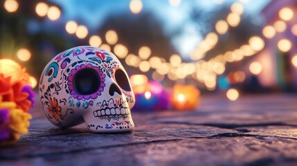 Wall Mural - A skull with colorful designs is sitting on a stone floor