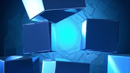 Wall Mural - Blue cubes floating in a mesmerizing geometric tunnel with blue light