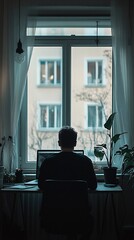 Wall Mural - an enterprise architect analyzing data on a laptop, surrounded by light solid color decor, emphasizi