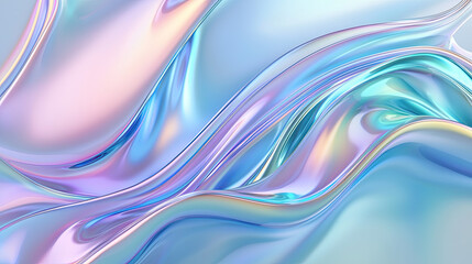 Wall Mural - 3D Holographic Ribbon Glass Morphism Wave Line Isolated on Abstract Background Render, Iridescent Curve Liquid Shape with Blue and Green Hologram Gradient, Water Flow in Motion, Modern Digital Art