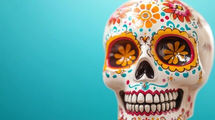 Wall Mural - A skull with flowers painted on it is on a blue background