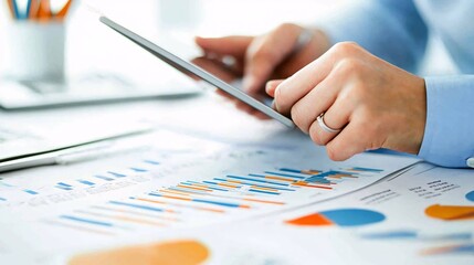 Wall Mural - a focused environmental policy analyst reviewing data on a digital tablet, surrounded by documents a