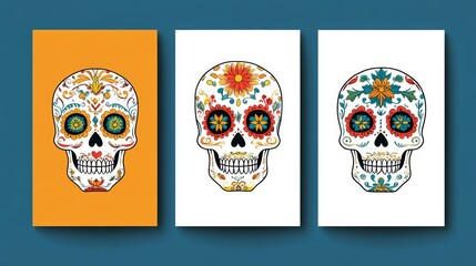 Wall Mural - Three skulls with flowers on them