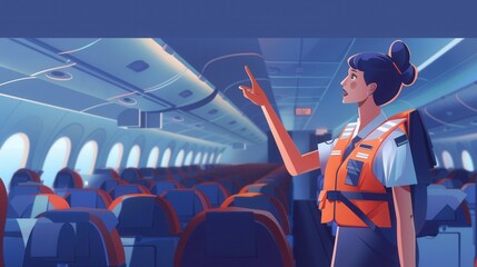 Aufkleber - The flight attendant points to safety instructions while preparing passengers for takeoff in a modern airplane. Generative AI