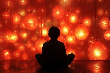 Wall Mural - Man meditating in a room lit by warm candles finding peace and inner stillness in a serene setting