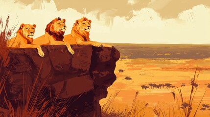 Sticker - Three Lions on Clifftop with Savanna Landscape