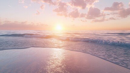 Poster - Tranquil Ocean Sunset with Pink Sky and Waves on Beach