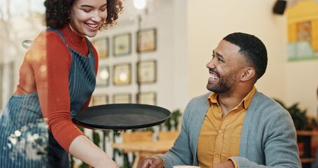 Poster - Customer, waitress and service in coffee shop for morning, happiness and hospitality in city. Businessman, smile and woman in cafe for mall business and client with cellphone for online review