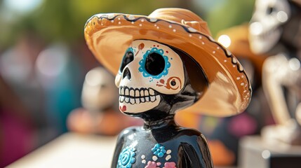 Wall Mural - A small black and white skeleton wearing a sombrero