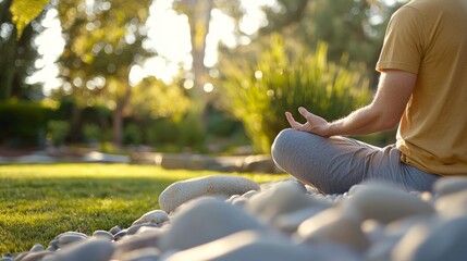 Poster - A man is sitting on a rock in a park, meditating