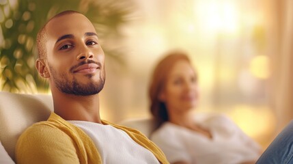 A man and woman are sitting on a couch, smiling at the camera