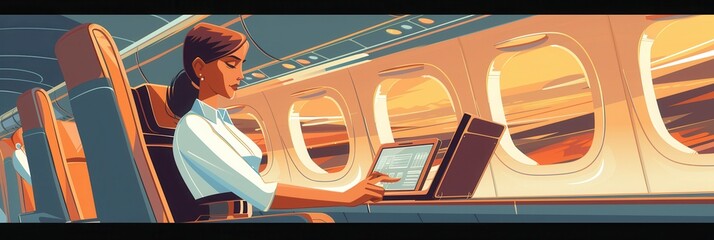Aufkleber - A flight attendant uses a tablet to manage in-flight services while looking out at a stunning sunset from the airplane cabin. Generative AI
