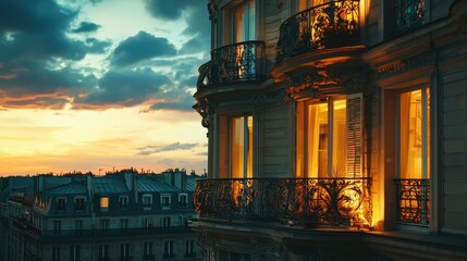 Wall Mural - Parisian Balcony at Sunset with Ornate Railing and Cityscape