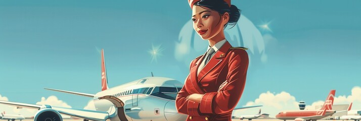 Poster - A flight attendant, dressed in a classic uniform, stands proudly near an airplane, ready to assist passengers at the bustling airport. Generative AI