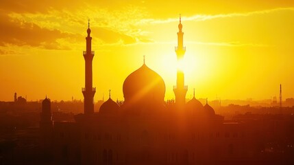 Wall Mural - Silhouetted Mosque with Golden Sunset Sky