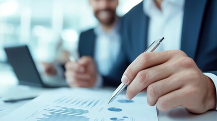 two men are sitting at a table with a pen and papers in front of them