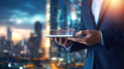 Canvas Print - A man is holding a tablet in his hand, and the image is of a city at night