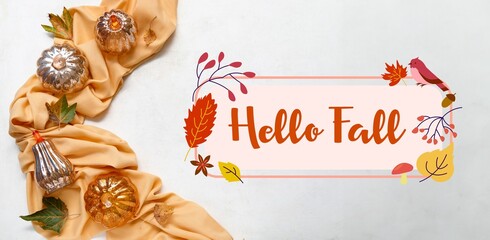 Wall Mural - Decorative pumpkins and scarf on white background. Hello, fall