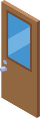 Poster - Brown wooden door with a glass window is standing closed in an isometric view