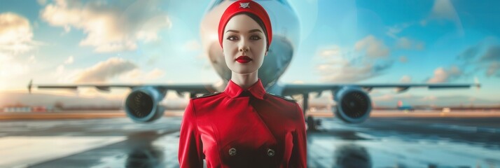 Aufkleber - A flight attendant poses proudly in uniform with her arms crossed, showcasing her professionalism amidst a vibrant airport setting. Generative AI