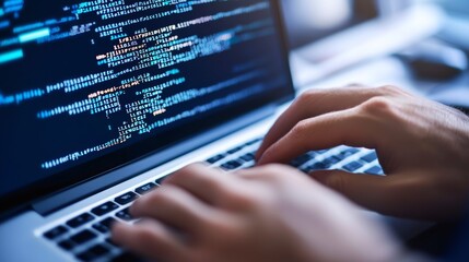 A person is typing on a laptop computer with a blue screen