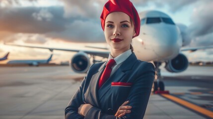 Poster - The flight attendant poses confidently at the airport, with an airplane in the background during a beautiful sunset. Generative AI