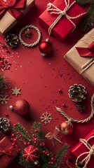 Wall Mural - festive holiday scene with wrapped gifts, ornaments, and pine cones on a rich red background, creati