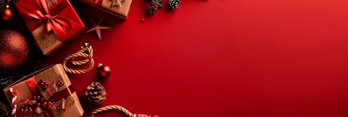 festive christmas composition with wrapped gifts, ornaments, and pine cones on vibrant red backgroun