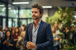 © Sebastian - An entrepreneur with stylish, black hair giving a presentation to an intrigued audience. Concept of innovation and leadership. Generative Ai.