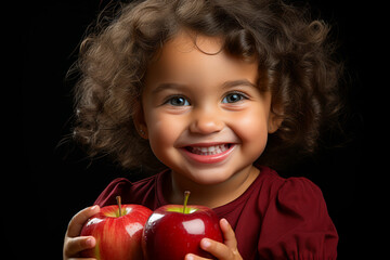 Poster - A toddler eagerly biting into a bright red apple, juices dripping down their chin. Concept of healthy eating and joy. Generative Ai.