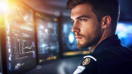 Wall Mural - A man is looking at a computer screen with multiple monitors