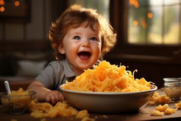 A baby enjoying their first taste of mashed sweet potatoes, wide eyes expressing curiosity. Concept of introducing solids and exploration. Generative Ai.