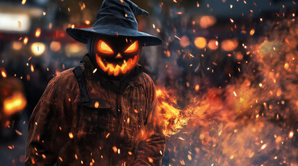 A mysterious figure wearing a jack-o'-lantern mask and a witch's hat amidst flames and sparks.