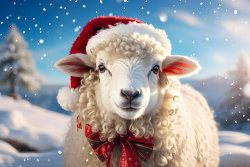 Winter holiday scene with decorated sheep in snow